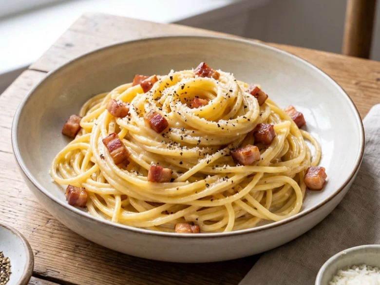 Příprava spagetti karbonáry s kousky vepřového masa.