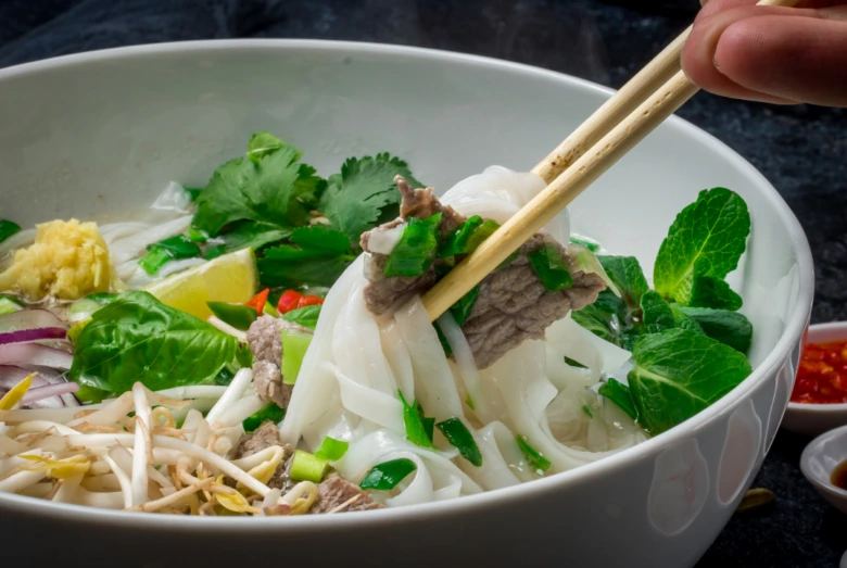 Miska vietnamské polévky pho s nudlemi, masem a bylinkami.