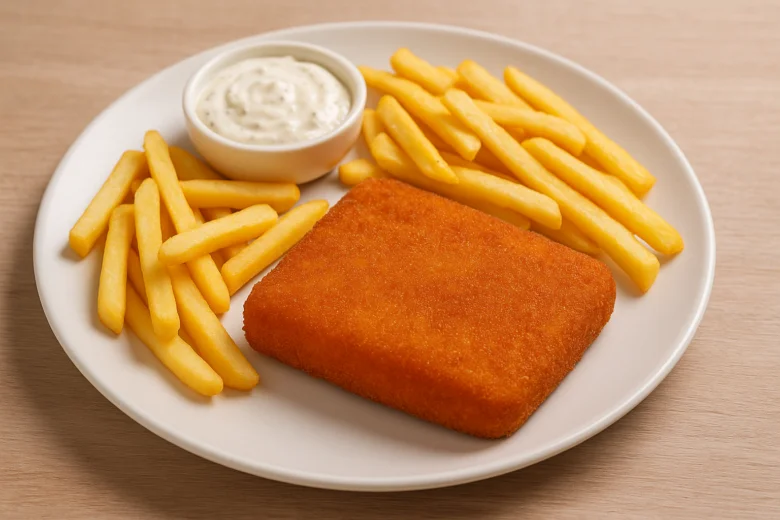 Smažený sýr se smaženými bramborami na talíři.