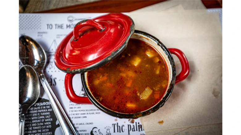 Hungarian goulash soup in pot