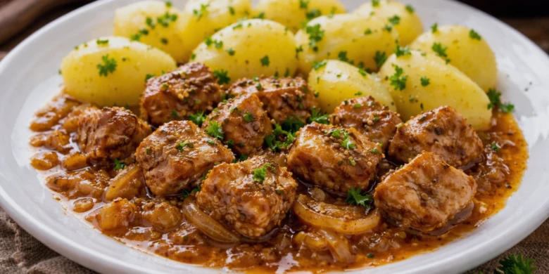 Připravené vepřové maso s kmínem podávané se vařenými bramborami.
