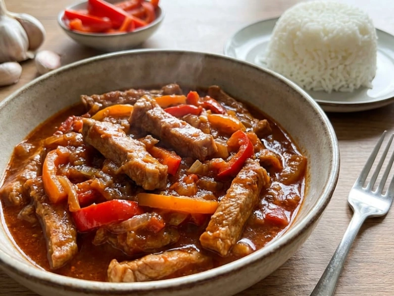 Beef stir-fry with peppers and rice