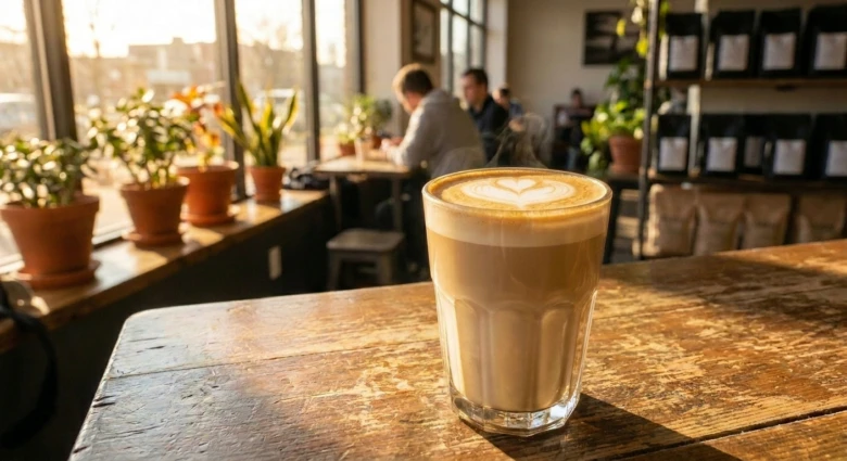 Latte s mléčnou pěnou ve tvaru srdce na dřevěném stole.