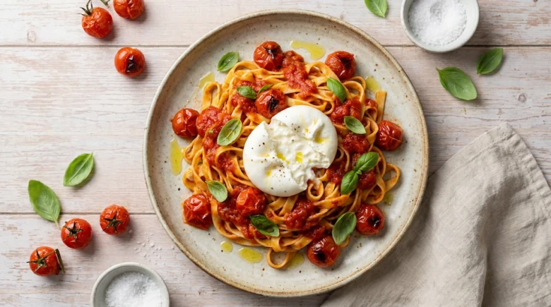 Pasta s rajčaty a burretou na talíři