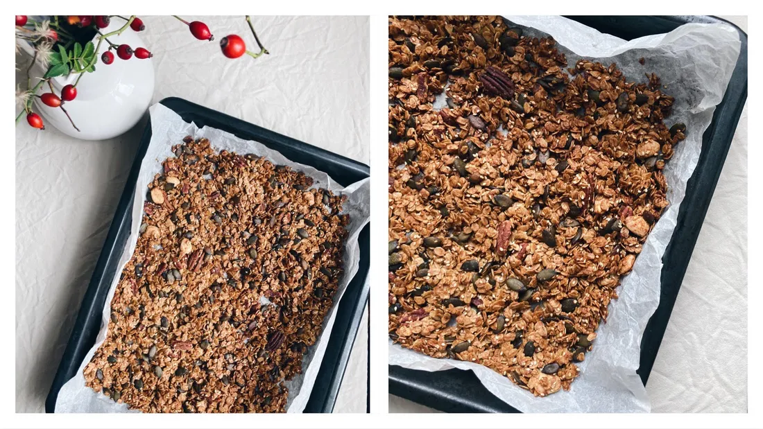 Domácí granola na plechu s ořechy a semínky po pečení.