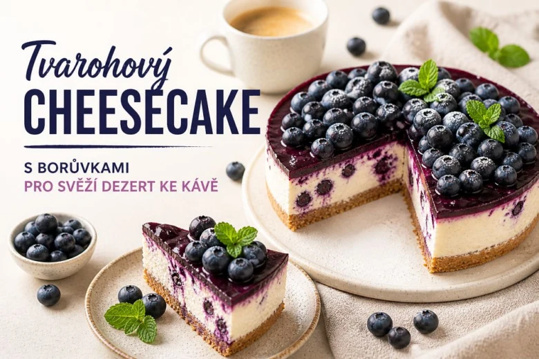Sýrový koláč s borůvkami podávaný k kávě na bílém talíři.