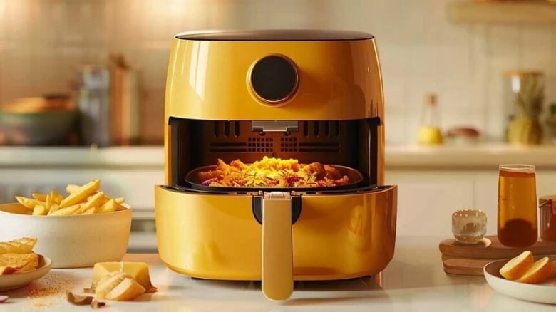 Žlutá horkovzdušná fritéza s jídlem uvnitř na kuchyňské desce.