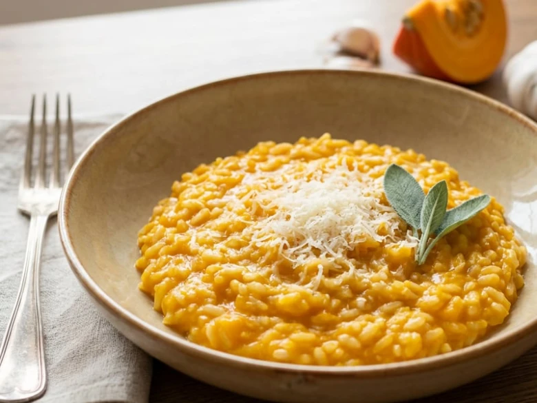Dýňové rizoto s parmezánem a šalvějí v keramické misce.