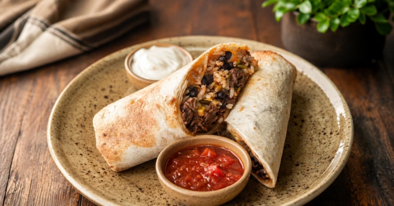 Přeložený burrito s rýží, fazolími a omáčkami na talíři.