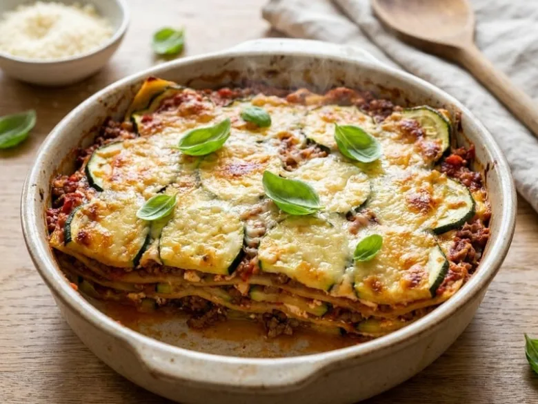 Pečené cuketové lasagne s bazalkou v keramické misce.