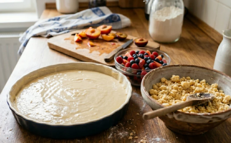 Crumble cake preparation ingredients and batter in pan with