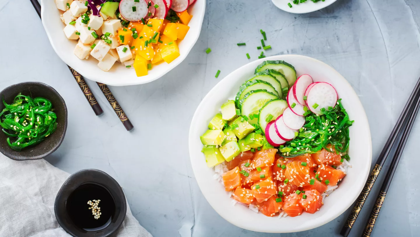 Poke bowl with salmon and avocado