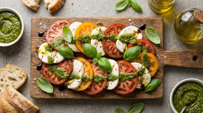 Caprese salát s rajčaty, mozzarellou, bazalkou na dřevěném talíři