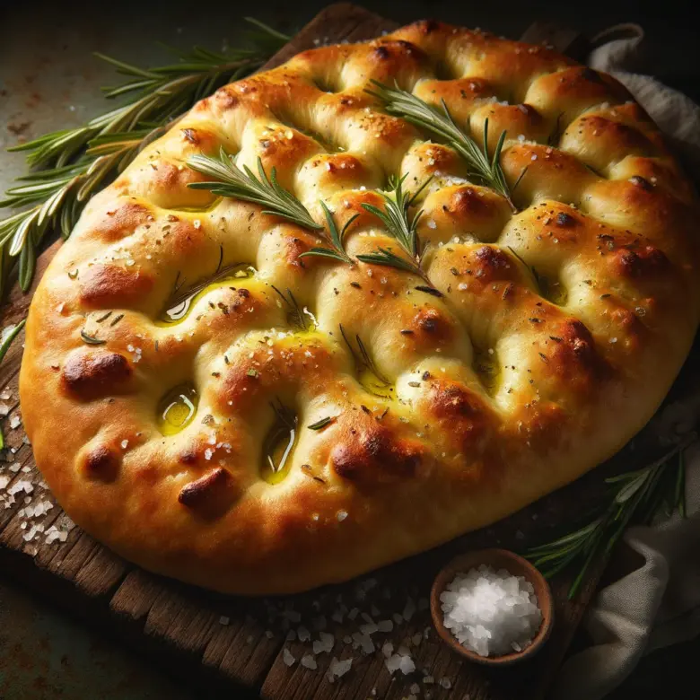 Zlatá pečená focaccia s rozmarýnem, solí a olivovým olejem.
