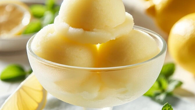 Skupina citronového sorbetu v skleněné mísce s citróny.