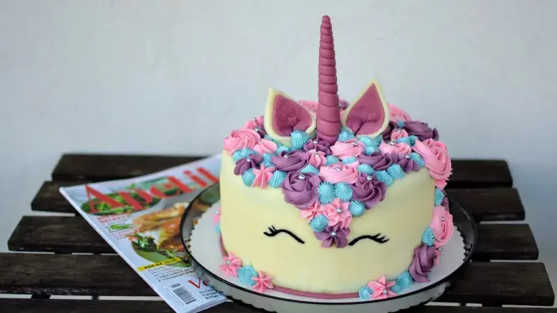 Unicorn cake with frosting decorations
