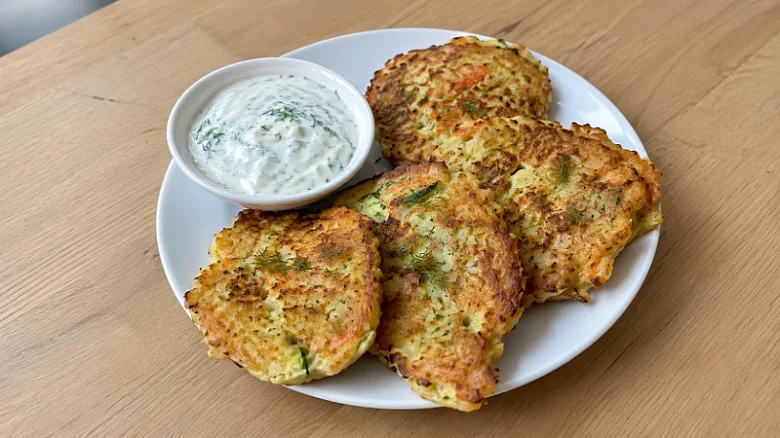 Zucchini and carrot fritters with dip