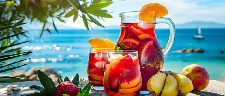 Sklenice s červenou sangrií plnou ovoce na venkovním stole.
