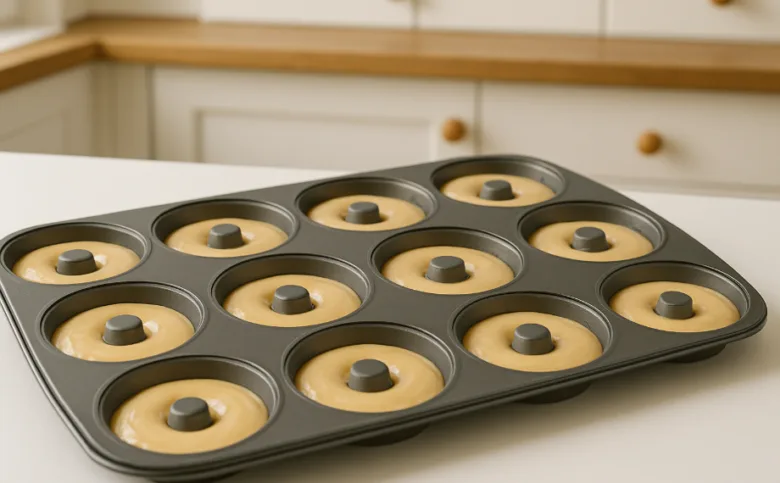 Tray s těstem na domácí pečené donuty připravený k vložení do trouby.