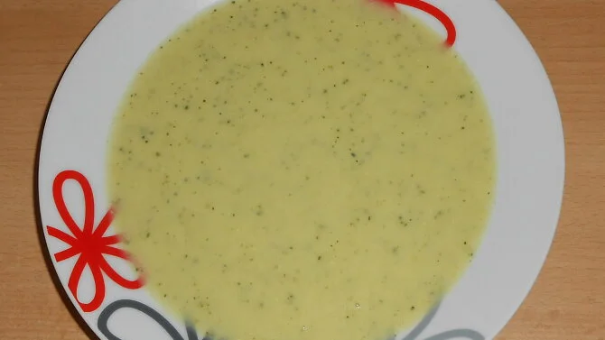 Kremová polévka ze cukety podávaná v bílé misce s červeným vzorem.