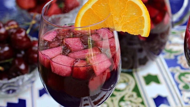 Sangria with fruit and orange slice