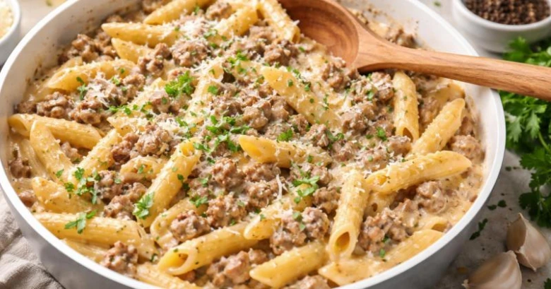 Penne s mletým masem v krémové omáčce posypané bylinkami.