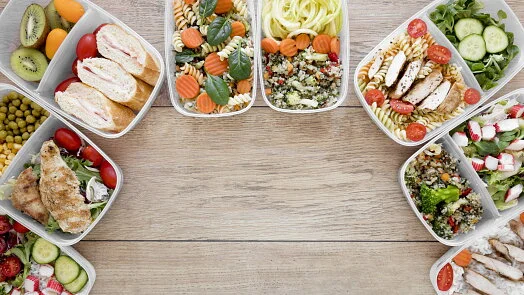 Meal prep containers with food
