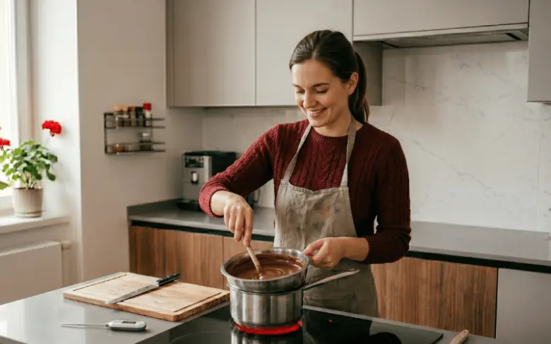 Žena míchá čokoládovou ganache v hrnci na kuchyňském sporáku.