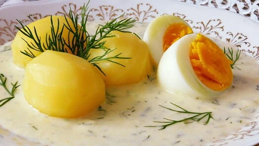 Koprová omáčka s vejci a knedlíky na talíři
