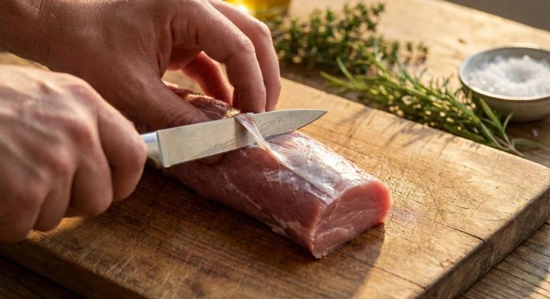 Ruční odstraňování stříbrné kůže z vepřové panenky nožem.