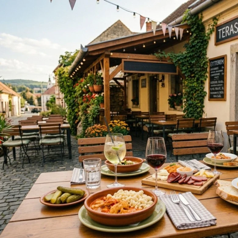 Tradiční české jídlo na venkovní stolu v restauraci s vínem.