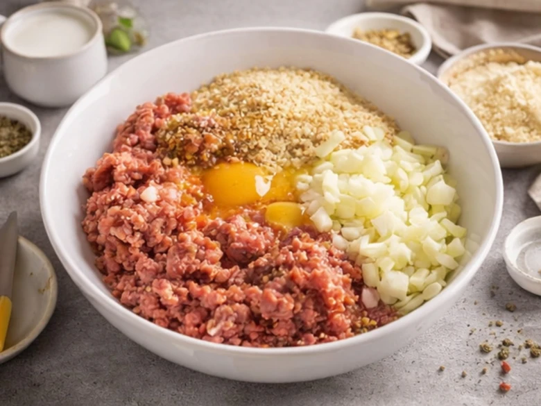 Mísa s surovými ingrediencemi na sekanou: maso, cibule a vejce.
