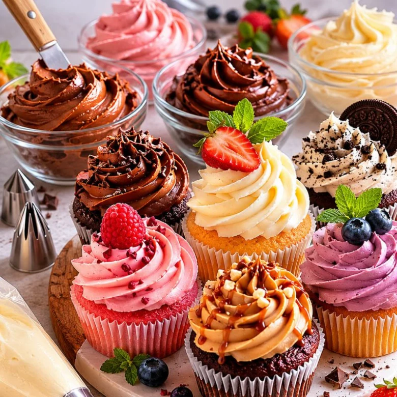 Různé barevné muffiny s různými krémy na vrcholu.