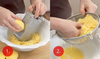 Kroky na přípravy knedlíků: strouhání brambor a odšťavňování.