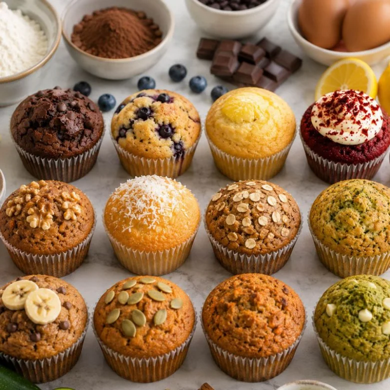 Různé druhy muffin s ovocem a ořechy na bílém podkladu.