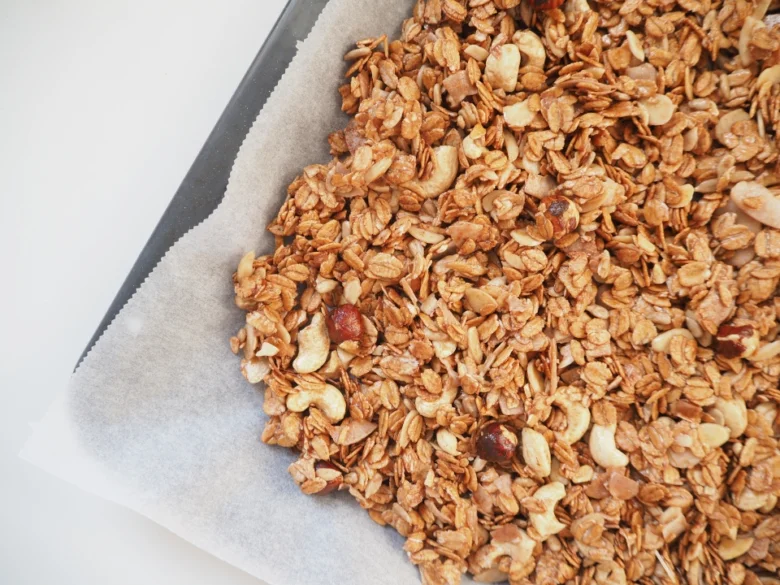 Homemade granola on baking sheet