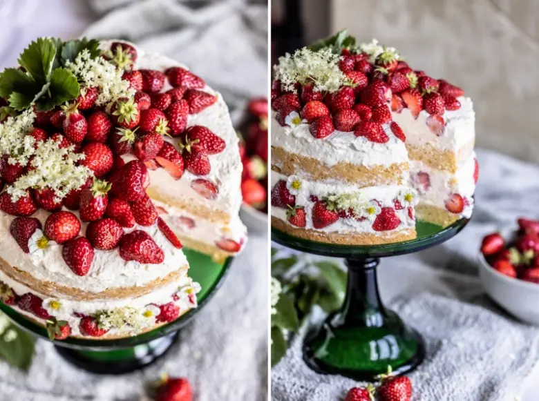 Jahodový dort s mascarpone krémem zdobený čerstvými jahodami.