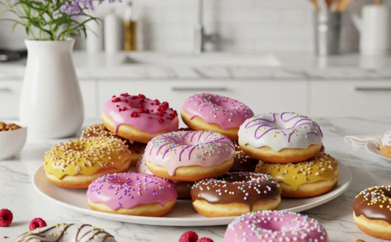Kolorované domácí pečené donuty s glazurou na bílém talíři.