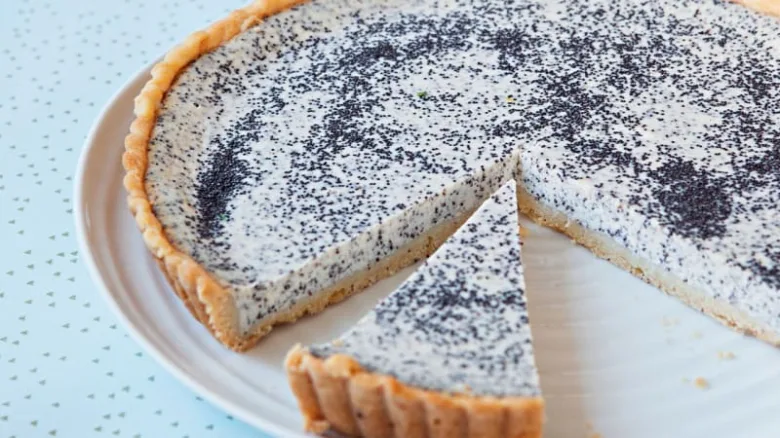 Tvarohový cheesecake s makem v pečené verzi na bílém talíři.
