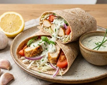 Dva kuřecí souvlaki s zeleninou a omáčkou na talíři.