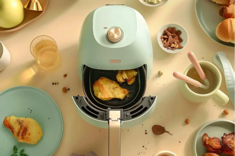Zelená horkovzdušná fritéza s upečeným masem a bramborami.