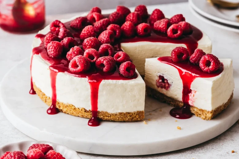 Tvarohový cheesecake s malinami na krupicovém základu.