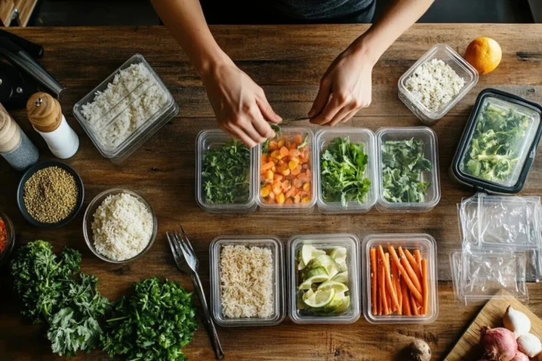 Rychlá příprava obědů v nádobách s čerstvými zeleninovými ingrediencemi.