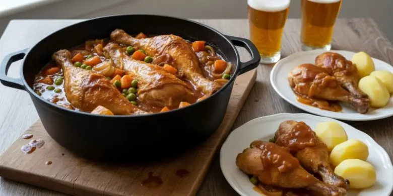 Křupavé kuře v hnědé omáčce s bramborami a pivem.