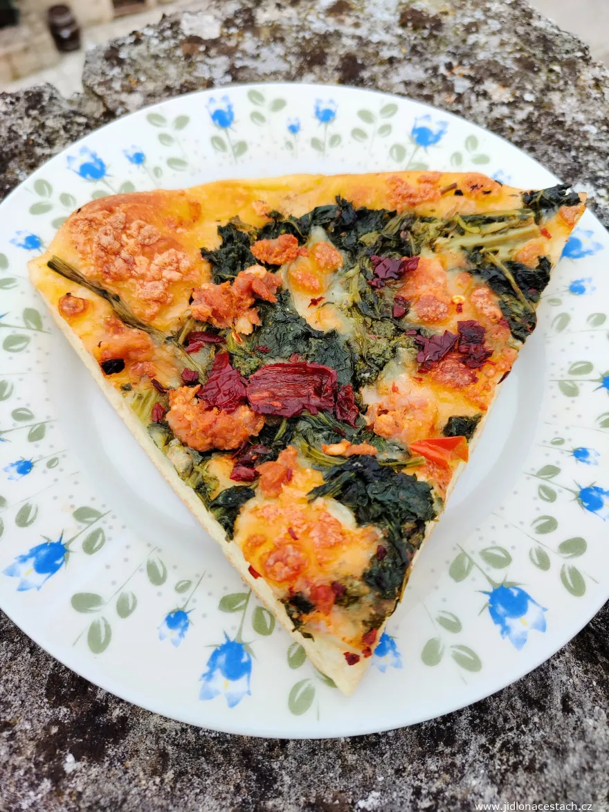 Kousek italské pizzy s zeleninou na talíři venku.