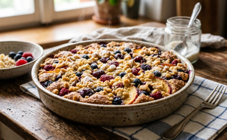 Fruit crumble cake in dish