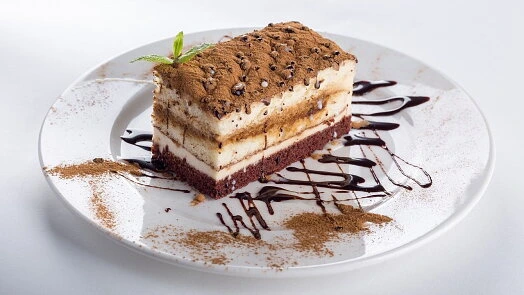 Kousek tiramisu s čokoládovou omáčkou na bílém talíři.