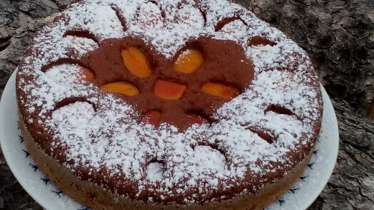 Koláč s ovocem posypaný moučkovým cukrem na talíři.