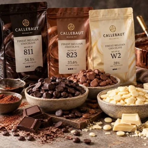 Tři balení čokolády značky Callebaut s rozlomenou čokoládou v miskách.