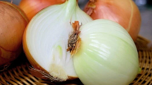 Čerstvá cibule nakrájená na půlku s viditelnými vrstvami.